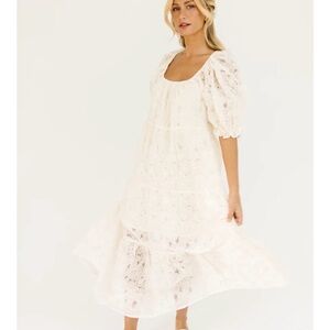 ZOCO Lace Puff-Sleeve Midi Dress in Ivory NWT XL